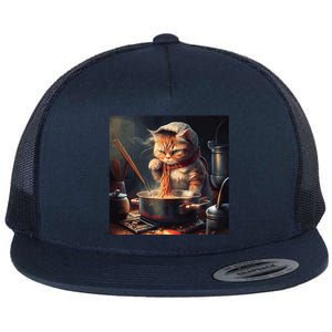 Cat Cooking Noodles Gift Flat Bill Trucker Hat