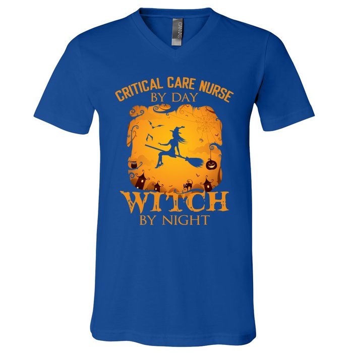 Critical Care Nurse By Day Witch By Night Halloween Fun Funny Gift V-Neck T-Shirt