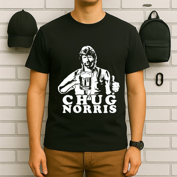 Chug Chuck Norris Funny Beer Drinking Hilarious Party 80s 90s Movie T-Shirt