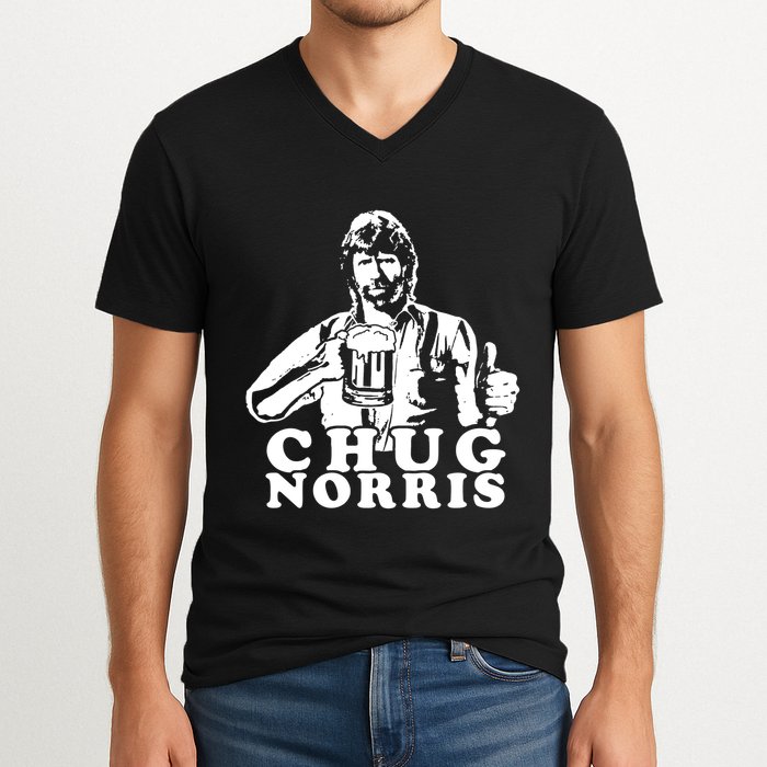 Chug Chuck Norris Funny Beer Drinking Hilarious Party 80s 90s Movie V-Neck T-Shirt