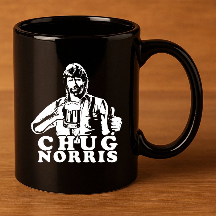 Chug Chuck Norris Funny Beer Drinking Hilarious Party 80s 90s Movie 11oz C Handle Ceramic Mug