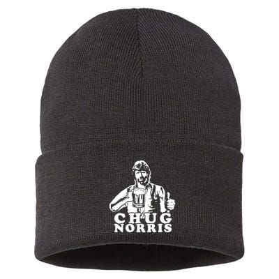 Chug Chuck Norris Funny Beer Drinking Hilarious Party 80s 90s Movie Sustainable Knit Beanie