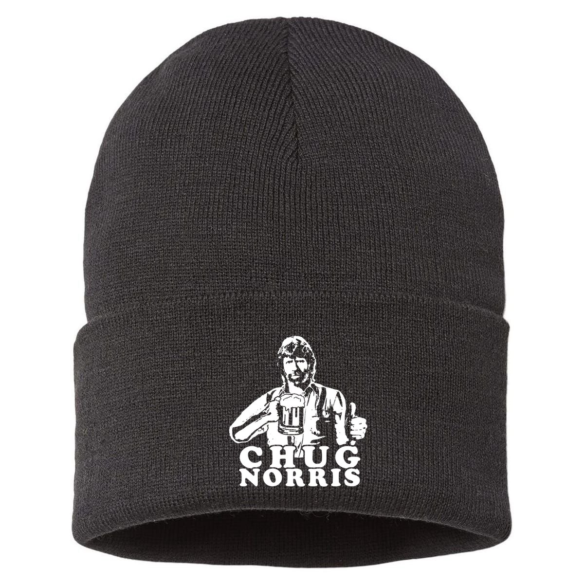 Chug Chuck Norris Funny Beer Drinking Hilarious Party 80s 90s Movie Sustainable Knit Beanie