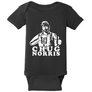 Chug Chuck Norris Funny Beer Drinking Hilarious Party 80s 90s Movie Baby Bodysuit