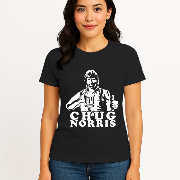 Chug Chuck Norris Funny Beer Drinking Hilarious Party 80s 90s Movie Womens T-Shirt