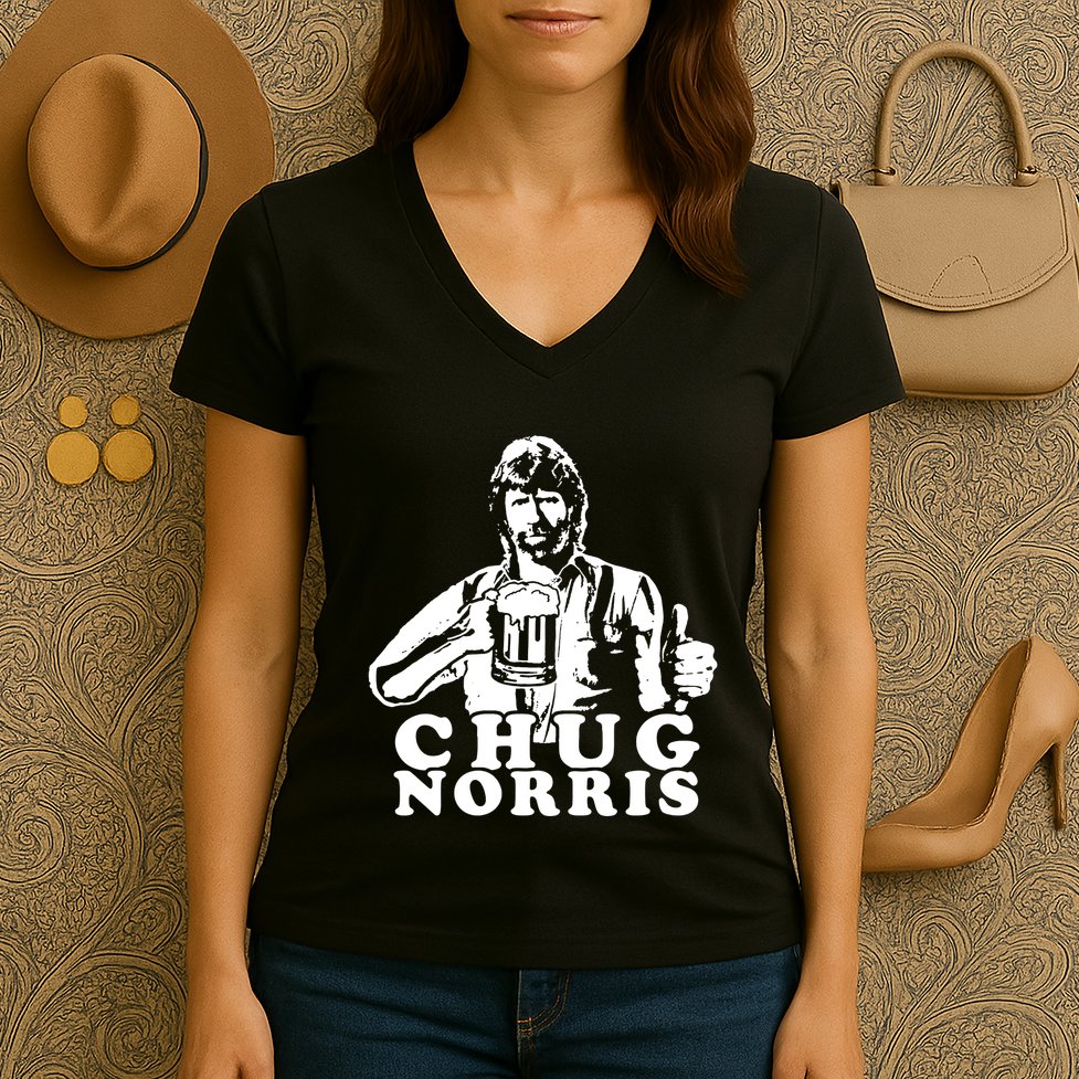 Chug Chuck Norris Funny Beer Drinking Hilarious Party 80s 90s Movie Women's V-Neck T-Shirt