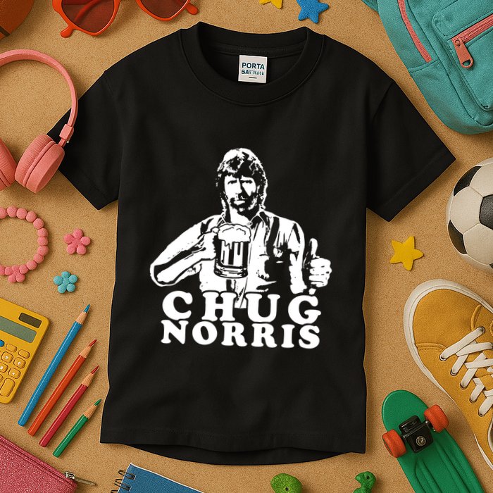 Chug Chuck Norris Funny Beer Drinking Hilarious Party 80s 90s Movie Kids T-Shirt