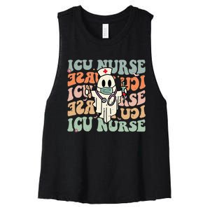 Critical Care Nurse Icu Neonatal Groovy Halloween Nursing Women's Racerback Cropped Tank