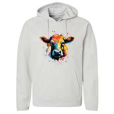 Cool Cow On Colorful Painted Cow Performance Fleece Hoodie