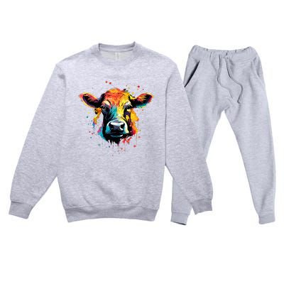 Cool Cow On Colorful Painted Cow Premium Crewneck Sweatsuit Set