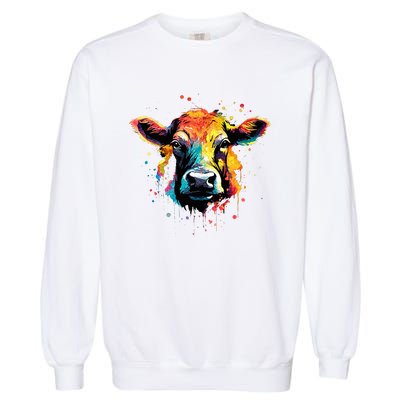 Cool Cow On Colorful Painted Cow Garment-Dyed Sweatshirt