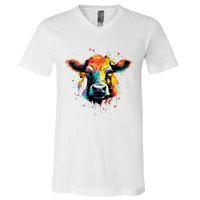 Cool Cow On Colorful Painted Cow V-Neck T-Shirt