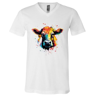 Cool Cow On Colorful Painted Cow V-Neck T-Shirt