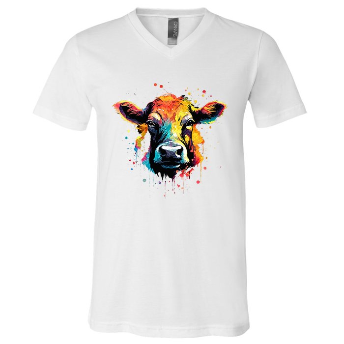 Cool Cow On Colorful Painted Cow V-Neck T-Shirt