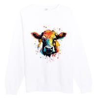 Cool Cow On Colorful Painted Cow Premium Crewneck Sweatshirt