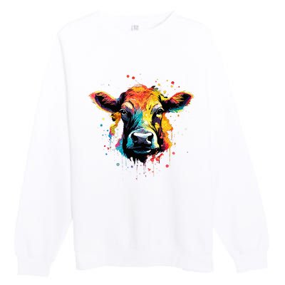 Cool Cow On Colorful Painted Cow Premium Crewneck Sweatshirt