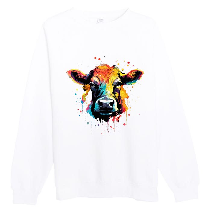 Cool Cow On Colorful Painted Cow Premium Crewneck Sweatshirt