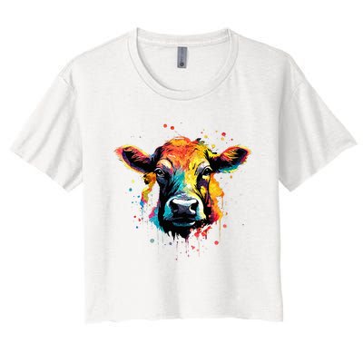 Cool Cow On Colorful Painted Cow Women's Crop Top Tee