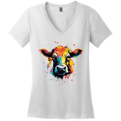 Cool Cow On Colorful Painted Cow Women's V-Neck T-Shirt