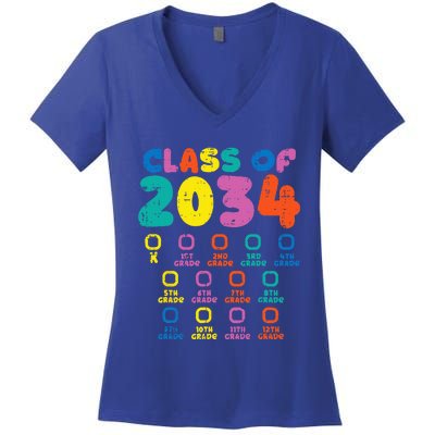 Colorful Class Of 2034 Grow With Me Checklist Graduation Women's V-Neck T-Shirt