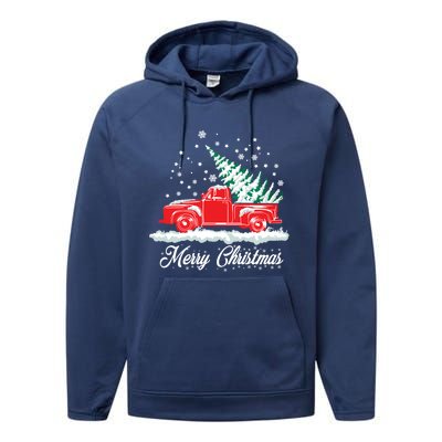 Christmas Classic Old Red Truck Vintage Pick Up Xmas Tree Gift Performance Fleece Hoodie