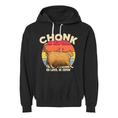 Chonk Cat Oh Lawd He Comin Funny Cat Meme Vintage Style Garment-Dyed Fleece Hoodie