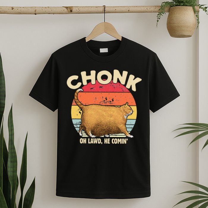 Chonk Cat Oh Lawd He Comin Funny Cat Meme Vintage Style T-Shirt
