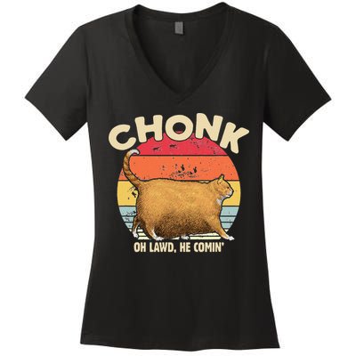 Chonk Cat Oh Lawd He Comin Funny Cat Meme Vintage Style Women's V-Neck T-Shirt