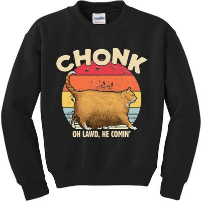 Chonk Cat Oh Lawd He Comin Funny Cat Meme Vintage Style Kids Sweatshirt
