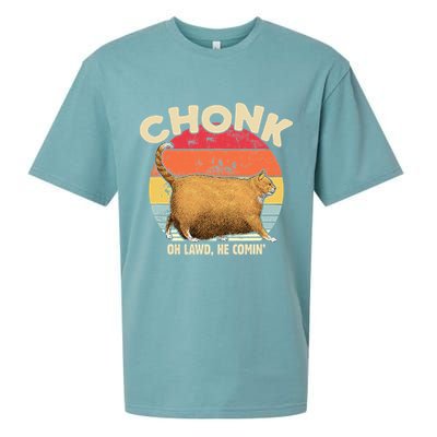 Chonk Cat Oh Lawd He Comin Funny Cat Meme Vintage Style Sueded Cloud Jersey T-Shirt
