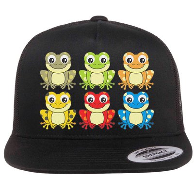 Colorful Collection Of Frogs Animal Lover Graphic Flat Bill Trucker Hat