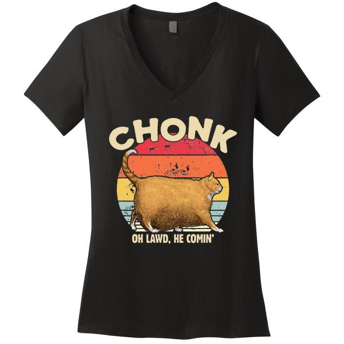 Chonk Cat Oh Lawd He Comin Funny Cat Meme Vintage Style Women's V-Neck T-Shirt