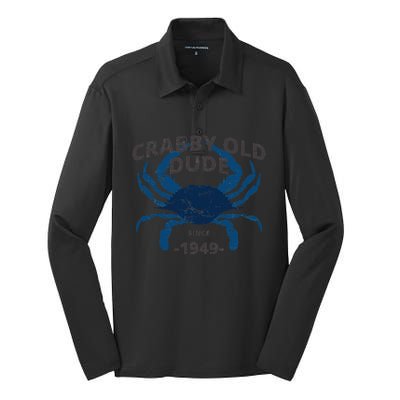 Cute Crabby Old Dude Since 1949 70th Birthday Crab Fishing Silk Touch Performance Long Sleeve Polo