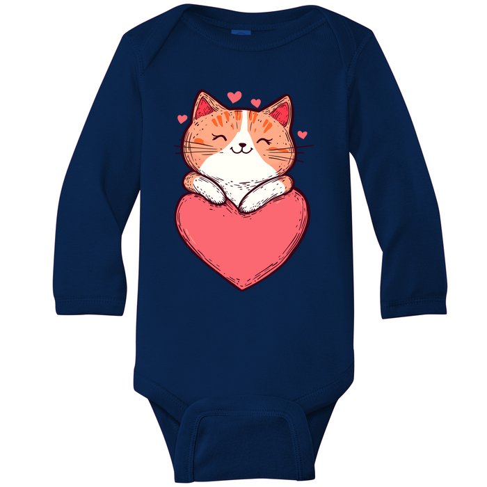 Cute Cat On Heart Kitten Love ValentineS Day Kitty Adorable Baby Long Sleeve Bodysuit