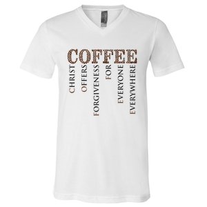 Coffee Christ Offers Forgiveness For Everyone Everywhere V-Neck T-Shirt