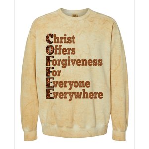 Coffee Christ Offers Forgiveness For Everyone Everywhere  Colorblast Crewneck Sweatshirt