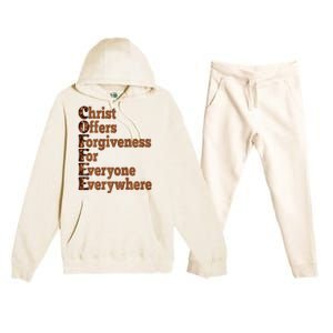 Coffee Christ Offers Forgiveness For Everyone Everywhere  Premium Hooded Sweatsuit Set