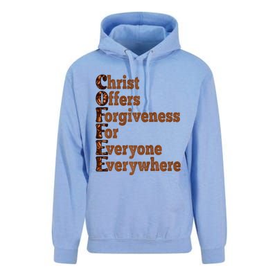 Coffee Christ Offers Forgiveness For Everyone Everywhere  Unisex Surf Hoodie