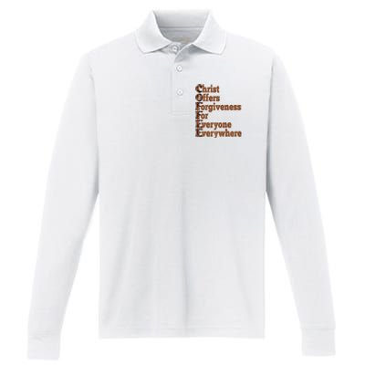 Coffee Christ Offers Forgiveness For Everyone Everywhere  Performance Long Sleeve Polo