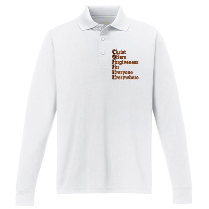 Coffee Christ Offers Forgiveness For Everyone Everywhere  Performance Long Sleeve Polo