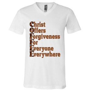 Coffee Christ Offers Forgiveness For Everyone Everywhere  V-Neck T-Shirt