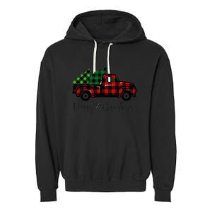 CHRISTMAS CHEER OLD PLAID RED TRUCK DELIVERING XMAS TREES Garment-Dyed Fleece Hoodie