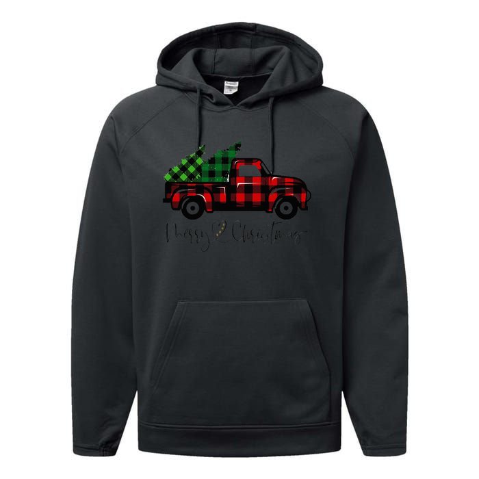 CHRISTMAS CHEER OLD PLAID RED TRUCK DELIVERING XMAS TREES Performance Fleece Hoodie