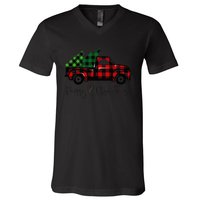 CHRISTMAS CHEER OLD PLAID RED TRUCK DELIVERING XMAS TREES V-Neck T-Shirt