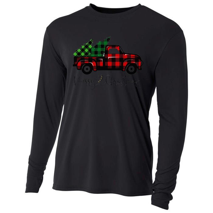 CHRISTMAS CHEER OLD PLAID RED TRUCK DELIVERING XMAS TREES Cooling Performance Long Sleeve Crew