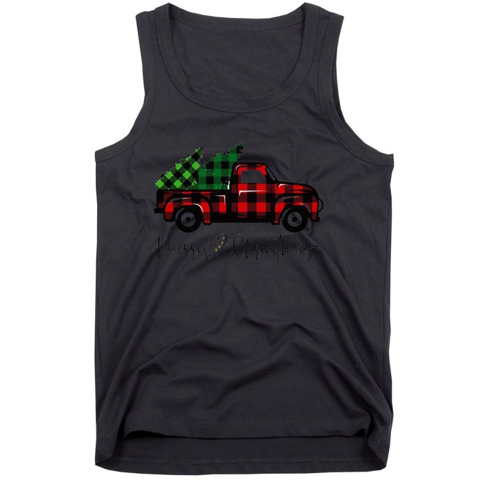 CHRISTMAS CHEER OLD PLAID RED TRUCK DELIVERING XMAS TREES Tank Top