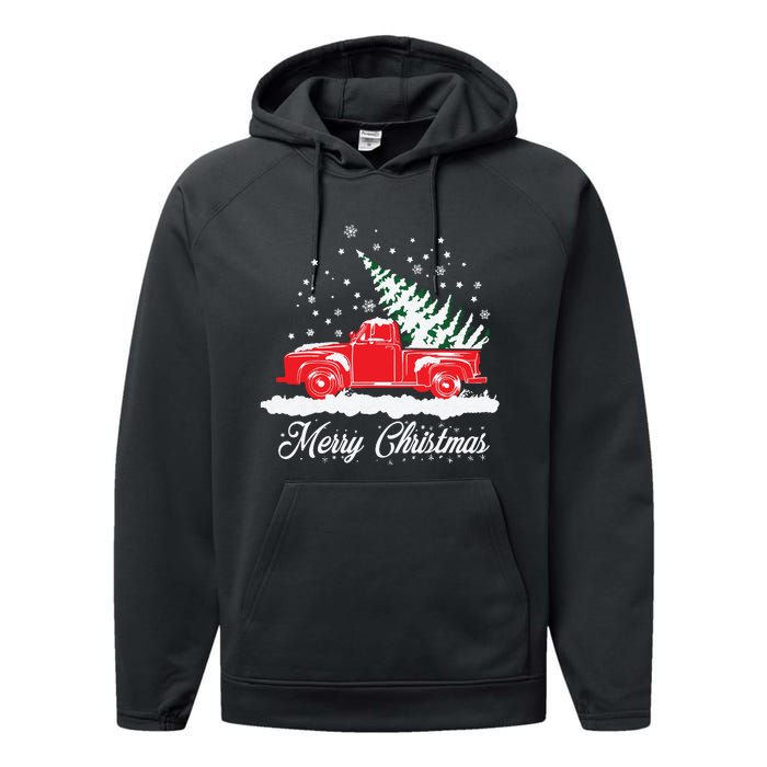 Christmas Classic Old Red Truck Vintage Pick Up Xmas Tree Performance Fleece Hoodie