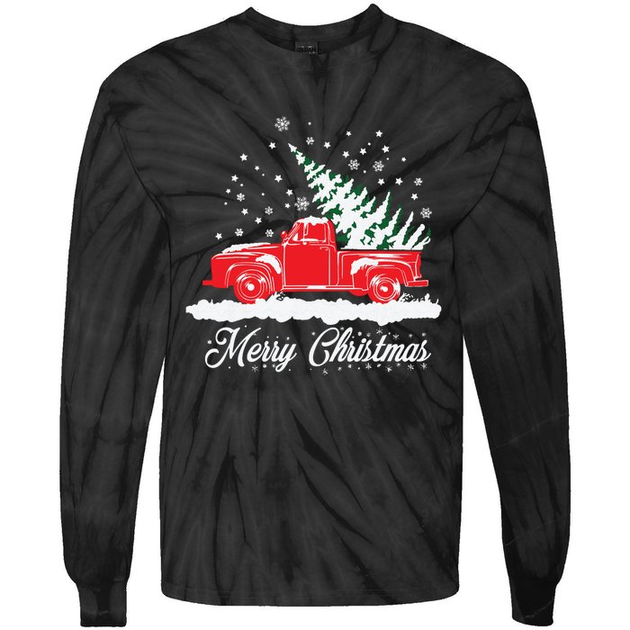 Christmas Classic Old Red Truck Vintage Pick Up Xmas Tree Tie-Dye Long Sleeve Shirt