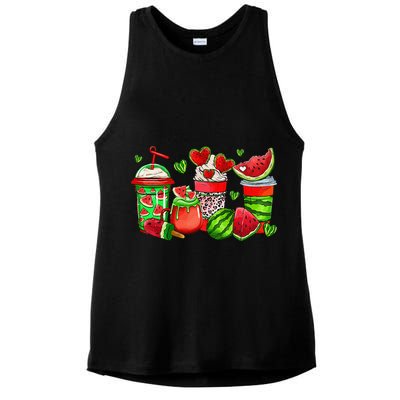 Cute Cups Of Iced Coffee Watermelon Tropical Summer Vacation Ladies PosiCharge Tri-Blend Wicking Tank