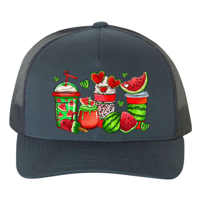 Cute Cups Of Iced Coffee Watermelon Tropical Summer Vacation Yupoong Adult 5-Panel Trucker Hat